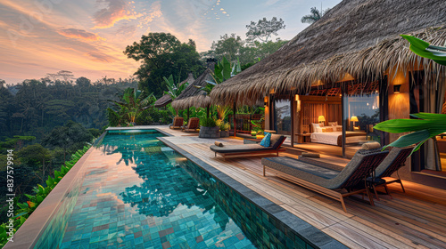 the tropical poolside retreat during the golden hour, with the lighting adding warmth and enhancing the textures of the thatched roofs and wooden deck