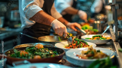 A chef is plating a dish in a restaurant kitchen.
