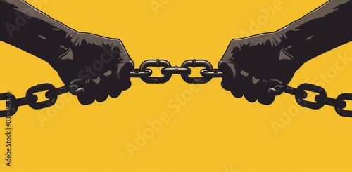 A pair of black hands breaking chains, symbolizing freedom and the end tolayered