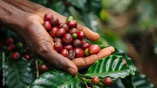 A close-up image of a hand holding a handful of coffee beans. The beans are ripe and red, and the hand is dark-skinned.