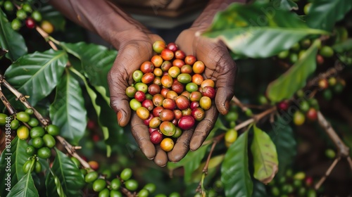 Close-up of a farmer's hands holding a handful of coffee beans.