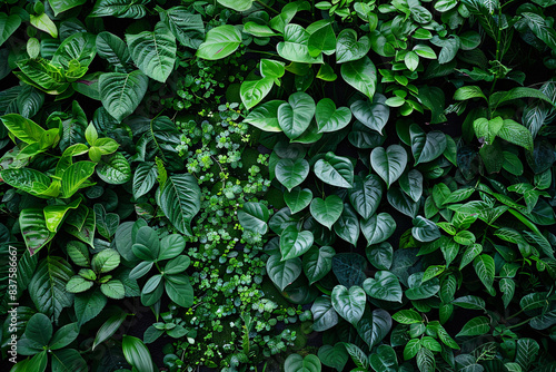 A wall adorned with herbs and plants, creating a natural green wallpaper and background
