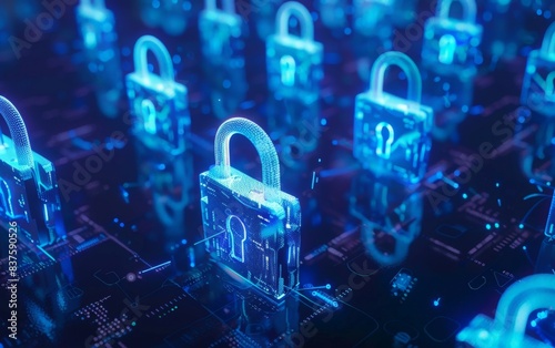 A field of glowing blue padlocks on a circuit board background, symbolizing data security and protection.