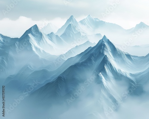 A majestic mountain range shrouded in mist, with snow-capped peaks reaching for the sky. The soft blue hues create a serene and peaceful atmosphere.