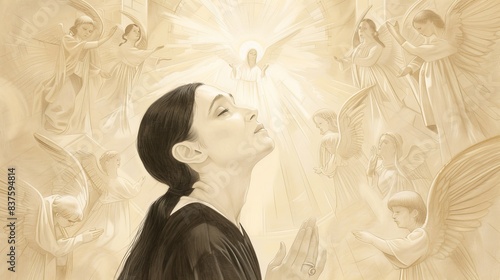 Saint Gemma Galgani in deep prayer with a mystical vision, surrounded by angels, divine light, beige background, Biblical Illustration, copyspace