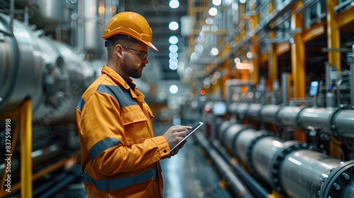 Engineer wearing orange safety gear using a tablet in an industrial facility with pipelines and machinery.
