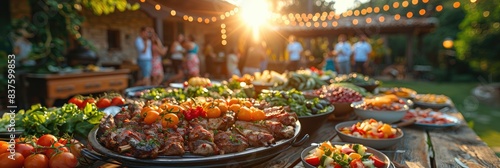 Outdoor garden party with friends enjoying a delicious spread of food and drinks in a beautifully lit setting at sunset.