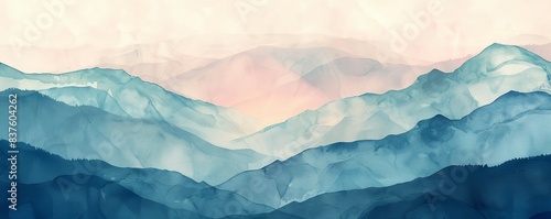 Abstract watercolor painting of a mountain range with a soft pink sky.