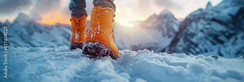 Close-up of person wearing orange snow boots walking in snow, surrounded by majestic mountains at sunrise.