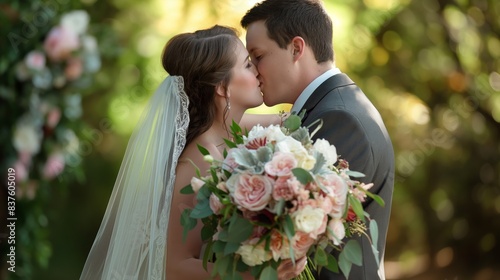 A romantic close-up of a couple on their wedding day, showcasing a floral bouquet and a wedding dress