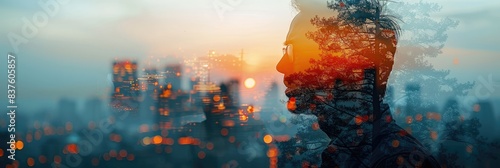 Double exposure of a man's profile with a cityscape, blending nature and urban elements, symbolizing modernity and connectivity.