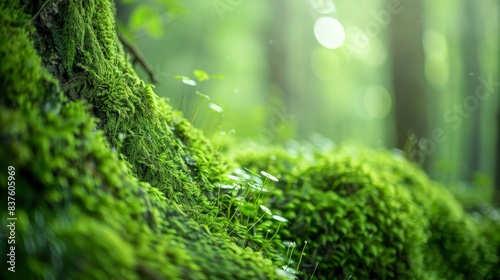 Close-up of lush green moss covering a tree trunk in a sun-dappled forest.