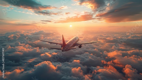 Airplane flying over beautiful, colorful clouds during a breathtaking sunset, capturing the essence of travel and adventure in the sky.