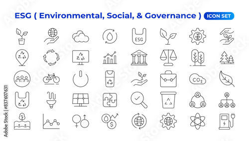 ESG icon set,Environmental, Social, and Governance line icon. ESG outline icons with editable stroke collection. Includes Sustainability, Solar Panel, Recycling, Green City, vector illuatration.