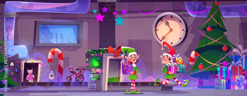 Santa Claus Christmas factory room interior with cute elf helpers, manufacturing automated conveyor belt for wrapping toys in gift boxes, decorated tree and clock on wall. Cartoon vector xmas workshop