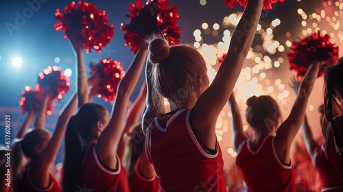 Back view of cheerleaders with raised pom-poms against a backdrop of bright stage lights