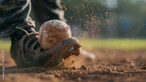 An action shot capturing a well-used baseball in the dirt with part of a player's shoe, evoking a dynamic sports moment