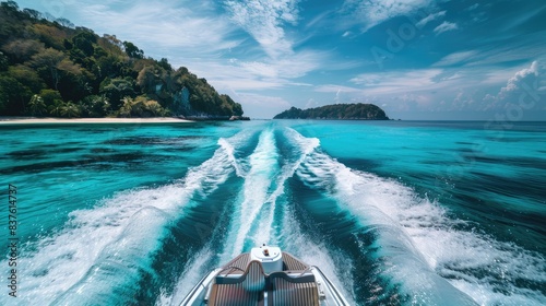 Modern fast boat in the tropical sea with copy space 