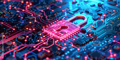 Illuminated lock symbol on a circuit board, representing advanced digital protection, cybersecurity concept, Vibrant Abstract Depiction of LZ Reverse Engineering - Binary, Microchips, and Intricate 