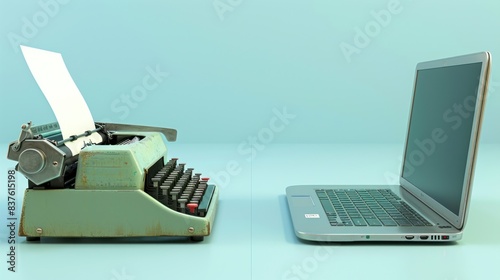 Old vs New, Old or New. An old-fashioned typewriter and a sleek laptop sit side by side on a blue surface, representing the evolution of writing technology