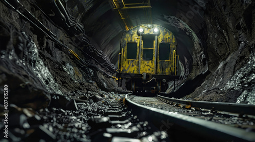 An ore cart, its paint worn and faded, travels along narrow tracks deep within a mine. The tunnel is dark and damp, lit only by the headlights of the cart