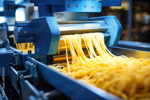 A pasta factory machine effortlessly extrudes fresh noodles onto a table, creating a mesmerizing display of culinary craftsmanship