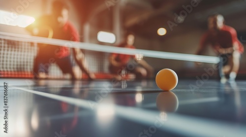 Action shot of a ping pong ball on the table with players in motion, exemplifying the energy and agility needed in table tennis