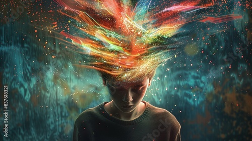 A young person with their head exploding into a burst of colorful data streams, symbolizing the overload of information from social media and news.