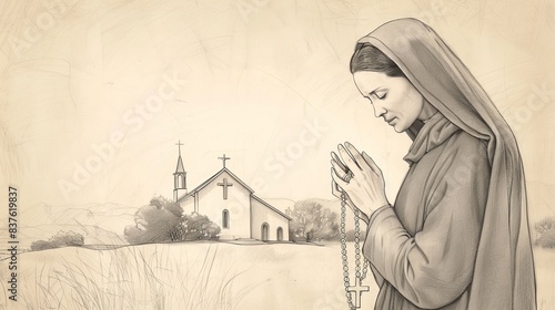 Devoted Saint Marianne Cope praying with a rosary, serene church background, holy atmosphere, beige background, Biblical Illustration, copyspace