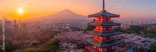 Stunning panoramic view of Mount Fuji at sunrise with a traditional Japanese pagoda and cherry blossoms in the foreground.