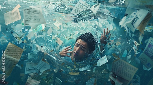 Visualize a young person drowning in a sea of text, images, and videos, representing the overwhelming influx of media information.