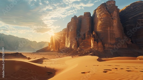 Scenic view of sunlit desert with towering cliffs and textured sand dunes 
