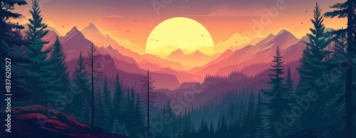 Landscape forest mountains nature adventure travel background panorama - Illustration of valley view of forest fir trees, mountains and sunset, Generative AI