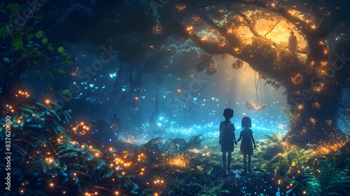 Ethereal Forest Adventure of Curious Children Exploring Vibrant Glowing Wonders of Nature