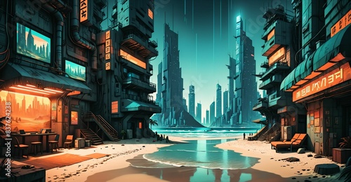 cyberpunk city desert wasteland oasis. sci-fi lo-fi futuristic town buildings and skyscrapers. urban technological cityscape with river water.