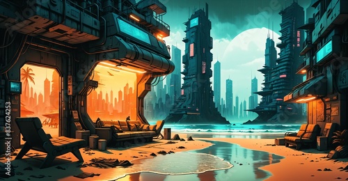 cyberpunk city desert wasteland oasis. sci-fi lo-fi futuristic town buildings and skyscrapers. urban technological cityscape with river water.