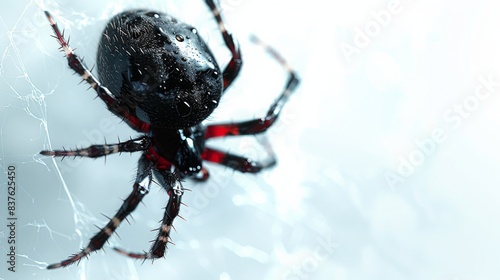 A black spider with red stripes sits on a white web. The spider's eyes are shiny and black.