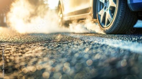 Solid particles flying out from under the brake discs and pads. Car tires rub against the asphalt and smoke, solid particles flying around. Environmental standards, Euro-7, ecology, pollution