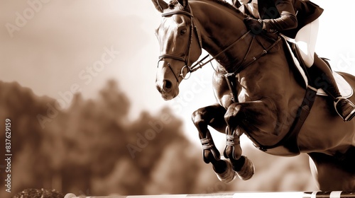 An equestrian on a horse in mid-jump captured in sepia tone, showcasing the athleticism of horseback riding