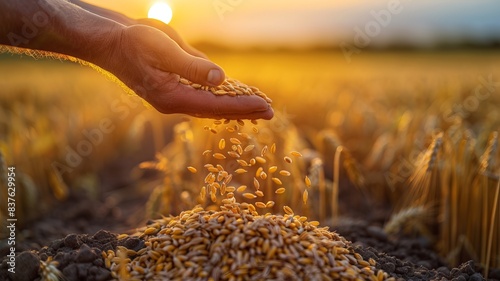 Close-up of a hand pouring wheat grains onto a field, with a beautiful sunset in the background creating a warm, golden glow.