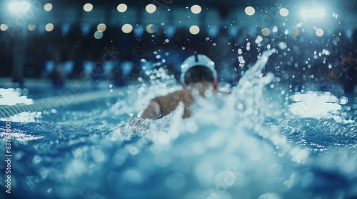 Competitive swimmer in action during a race in an indoor swimming pool, with focused splashes