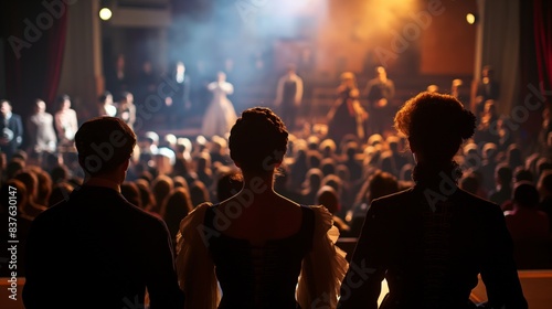 The image captures the back view of an audience watching a stage performance with actors in the spotlight