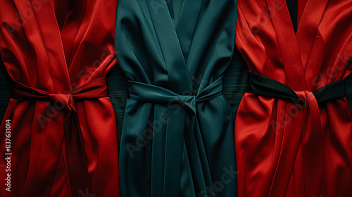 Three red, green, and black robes are shown, with the red robe on the left