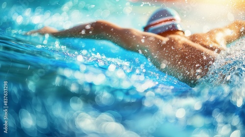 An action-packed image of a swimmer doing freestyle stroke, creating splashes in a pool