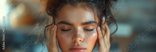 A woman with closed eyes and a relaxed expression holds her temples, possibly meditating or relieving stress, in a serene environment.