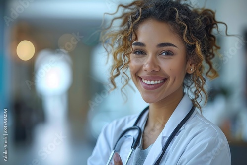 Confident young female doctor with stethoscope smiling in a hospital setting, representing healthcare and medical professionalism.