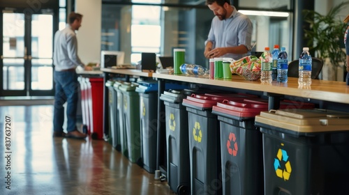 Office Recycling Program: Illustrate employees in an office setting disposing of recyclable paper, plastic bottles, aluminum cans, and glass jars into labeled recycling bins. 