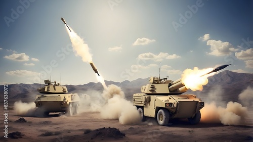 generic military battalion defense system shooting missiles during a special operation, wide poster design with copy space area