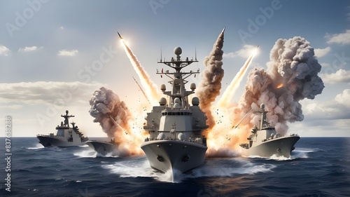 wide banner of missiles being launched out of warboats destroyers for military special navy missions concepts