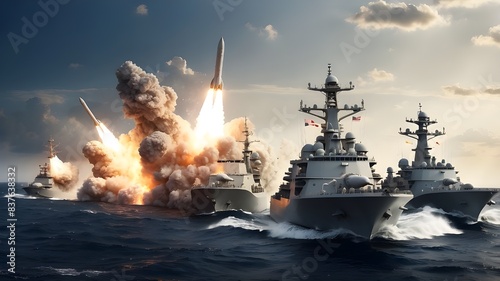 wide banner of missiles being launched out of warboats destroyers for military special navy missions concepts